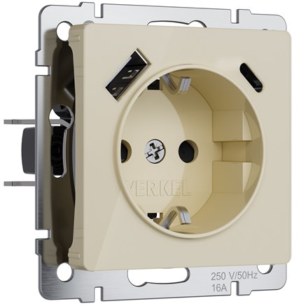 Розетка с заземлением, шторками и USB A+C (айвори акрил) W1171743 - фото 111124