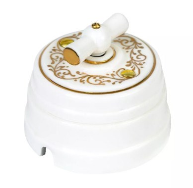 Ретро выключатель/переключатель фарфоровый поворотный проходной одноклавишный, цвет - белый "ЕЛИЗАВЕТА", серия «МезонинЪ» GE70404-01EL - фото 111246