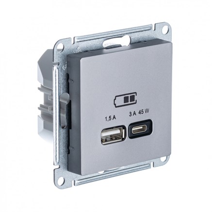 Сталь USB Розетка A + тип-C 45W высокоскор.заряд. QC, PD, мех. Systeme Electric AtlasDesign ATN000929 - фото 74586