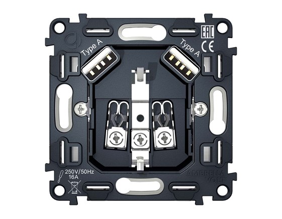 VM155 Механизм электрической розетки 2USB A+A 18W (быстрая зарядка) с/з на винтовых зажимах QUANT, AMBRELLA VOLT, VM155 - фото 93616